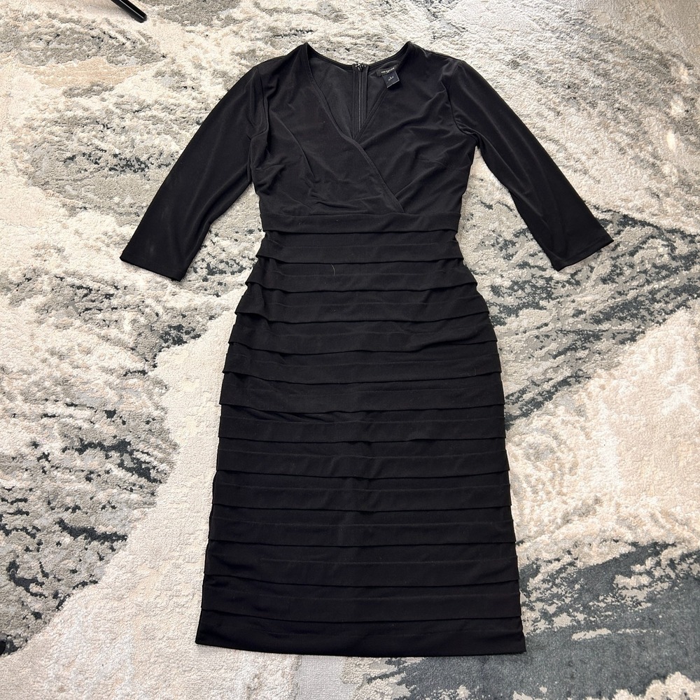 Ann Taylor Sheath Dress Womens 0 Black Surplice Neck Back Zip Tiered Cocktail